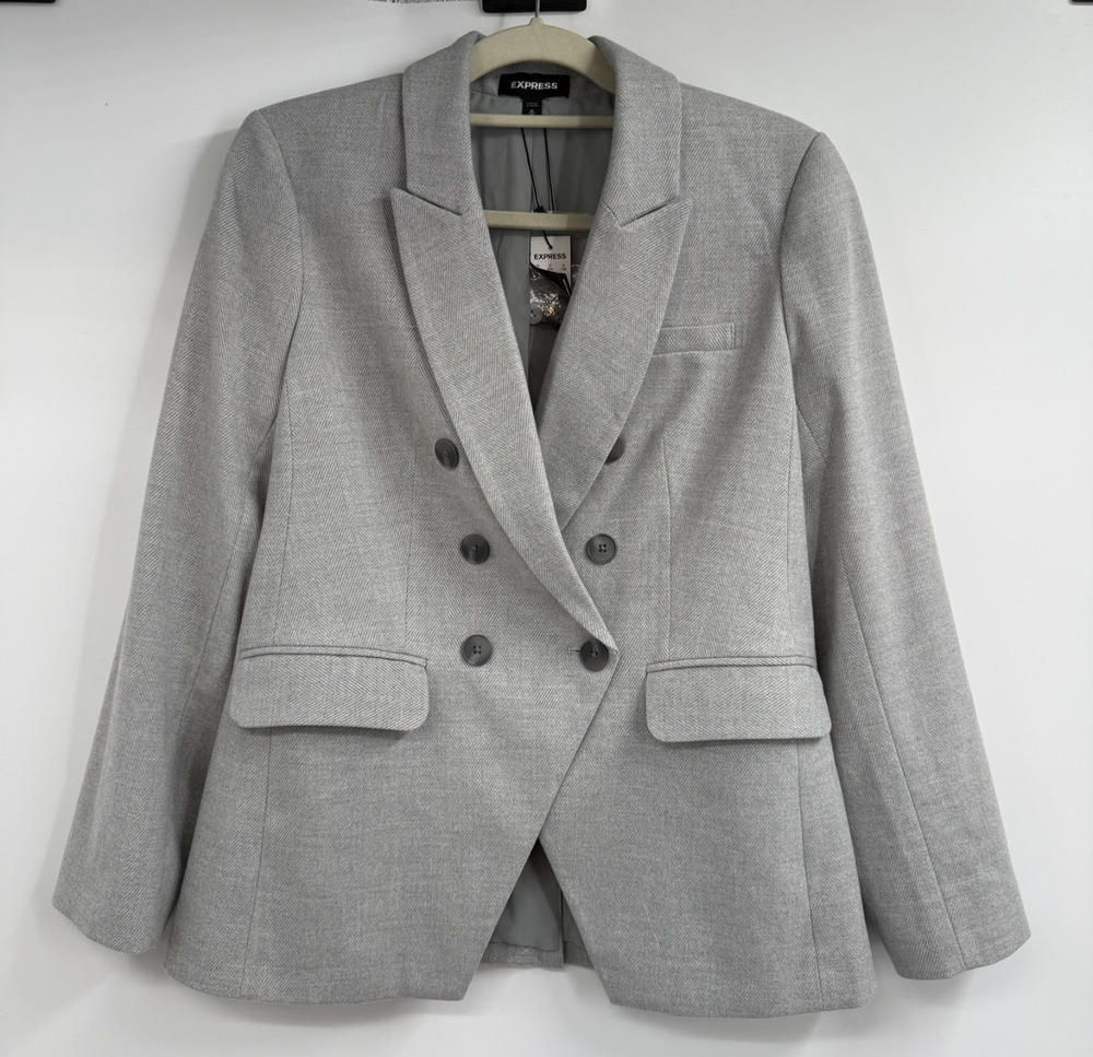 NWT Express Double Breasted Blazer Jacket Womens M Light Grey Herringbone Lined